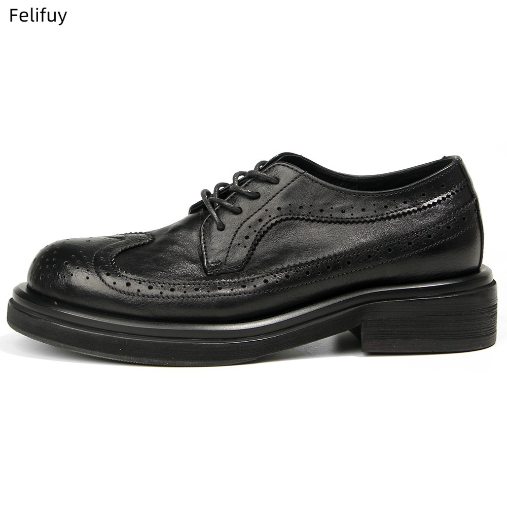 Men Formal Wear All Black - Zwarte Derby schoenen Vintage gesneden herenschoenen